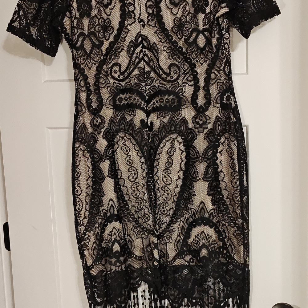 Victorian/Gothic Style Chic Black Lace Short Sleeve Mid Length Fringe Dress